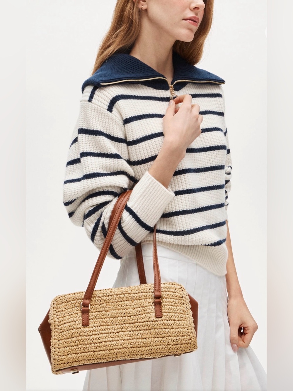 J. Crew Straw Weave Mini Satchel with Brown Leather Trim